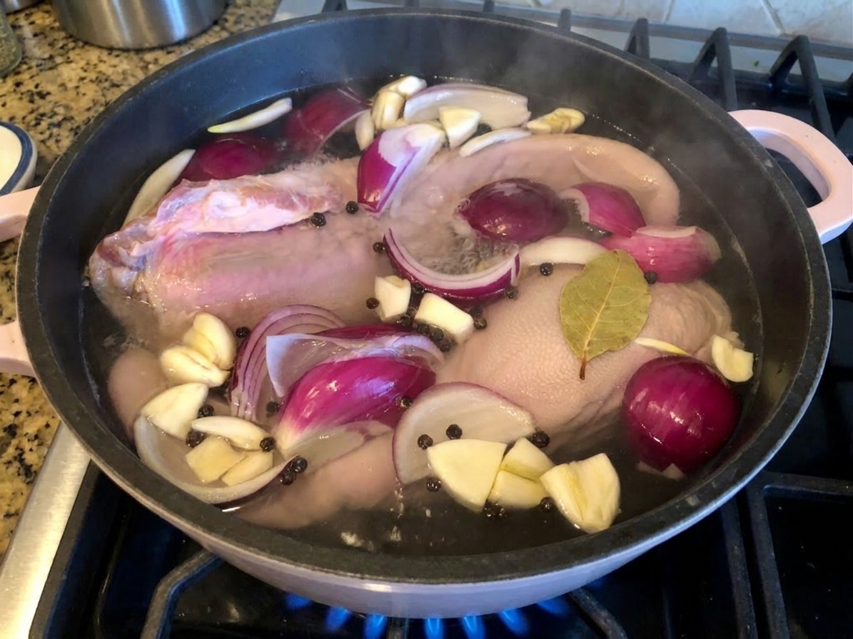 Beef tongue gently simmering in a Dutch oven with onion quarters, bay leaves, and peppercorns visible at the surface on a stovetop