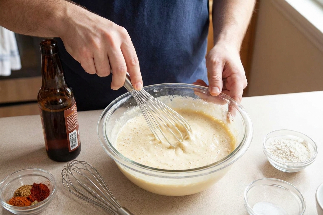 Beer batter being whisked in a mixing bowl with beer and spices nearby