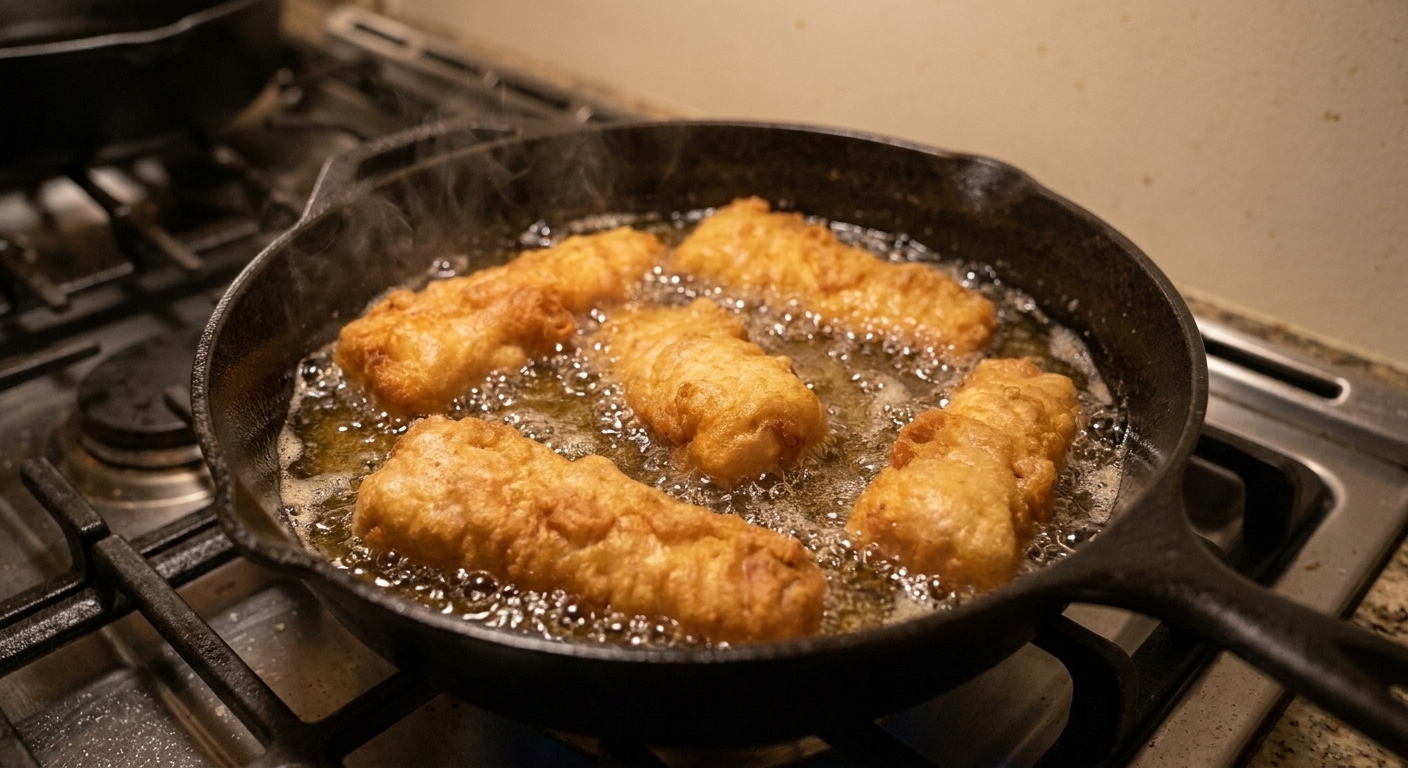 Beer-battered cod pieces frying in hot oil in a deep skillet with bubbles around the golden batter on a home stove