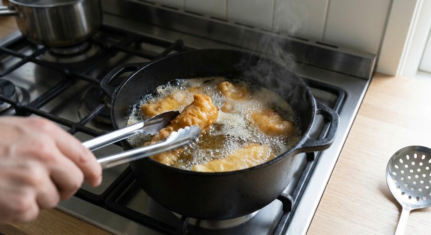 Beer-battered fish pieces bubbling in hot oil in a Dutch oven on a stovetop