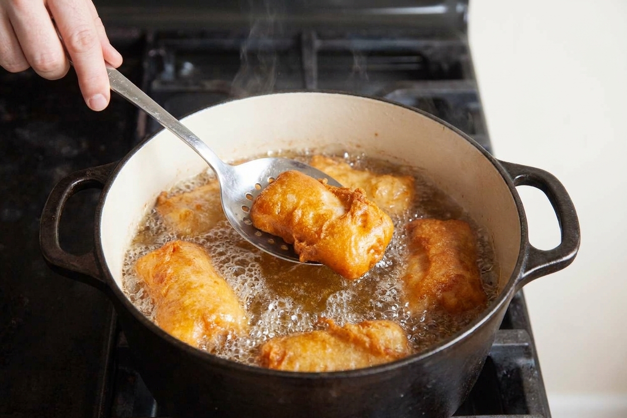 Beer-battered fish pieces bubbling in hot oil in a Dutch oven as the crust turns golden