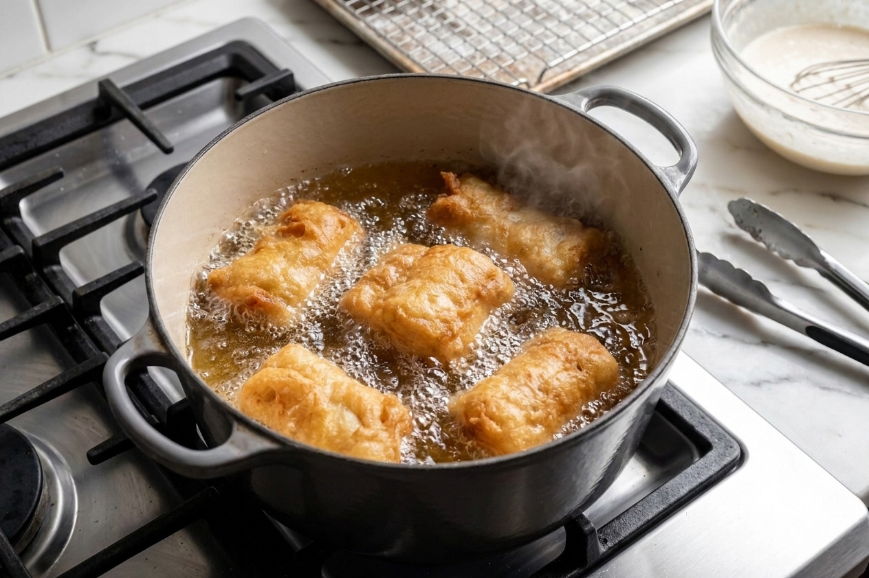 Beer-battered fish pieces bubbling in hot oil in a deep pot on a stovetop mid-fry