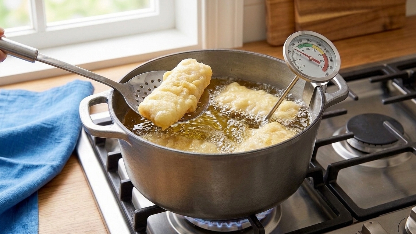 Beer battered fish pieces frying in hot oil in a deep pot, with bubbling oil and the batter turning pale golden