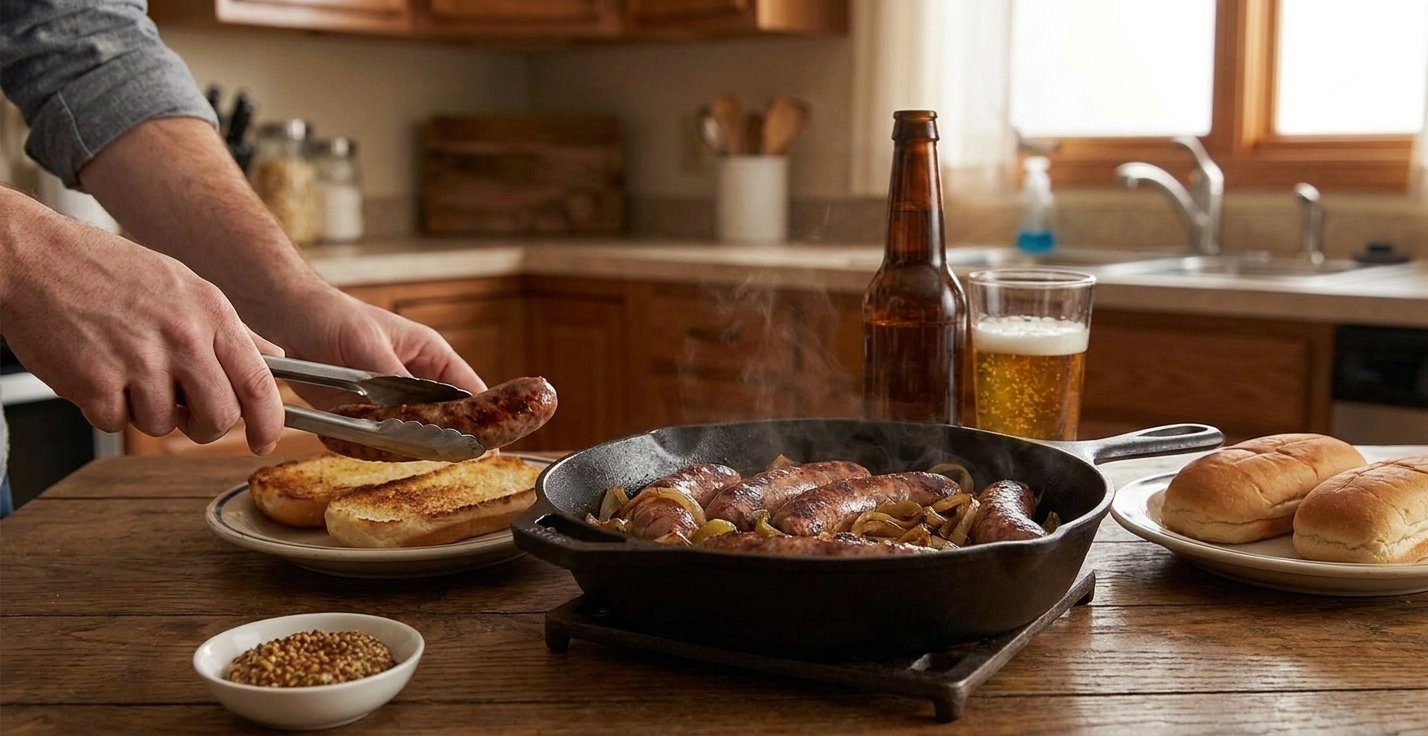 Beer brats browned in a cast iron skillet with caramelized onions, served on toasted buns with mustard on a wooden table