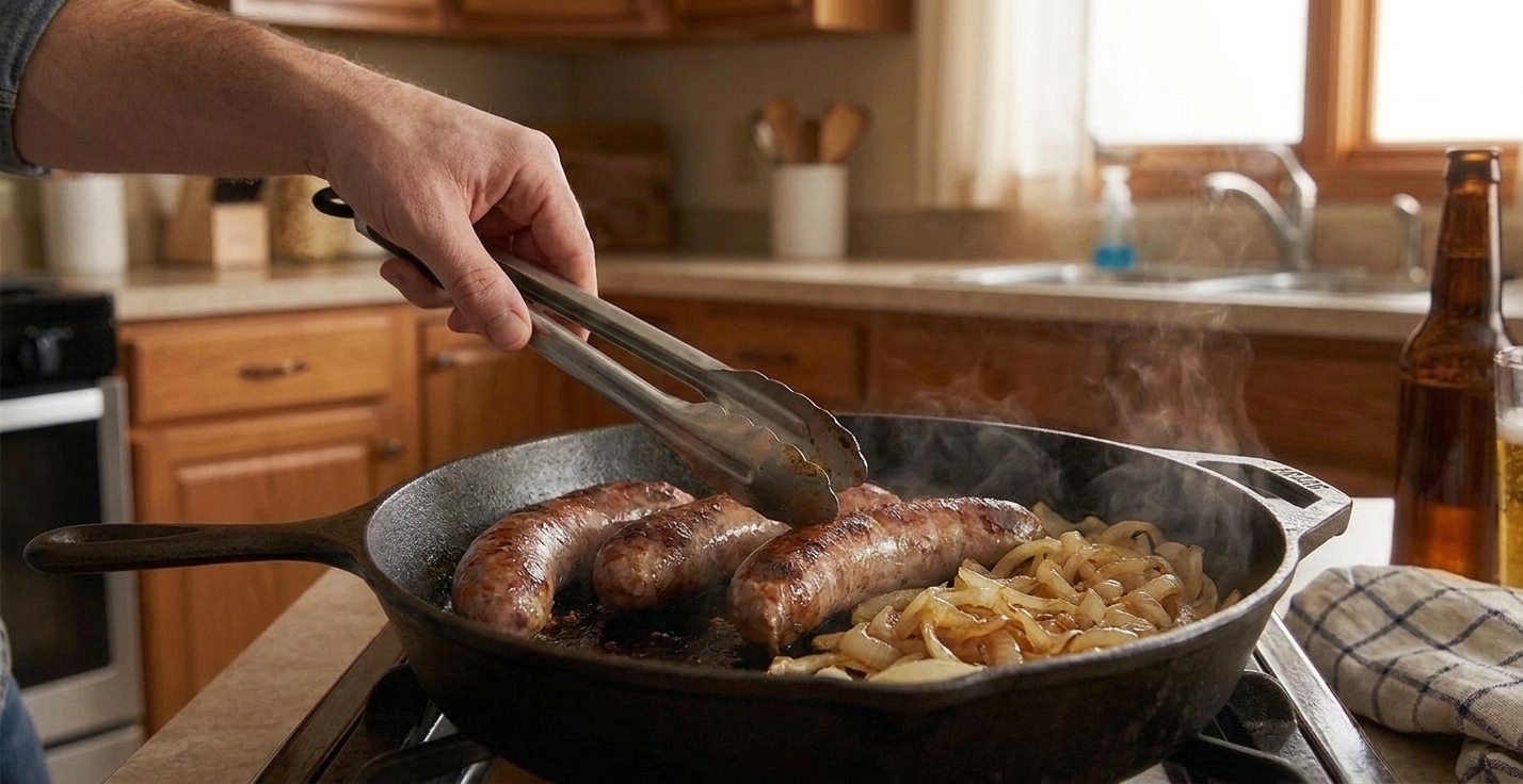 Beer brats browning in a skillet with caramelized onions pushed to the side, tongs turning a sausage