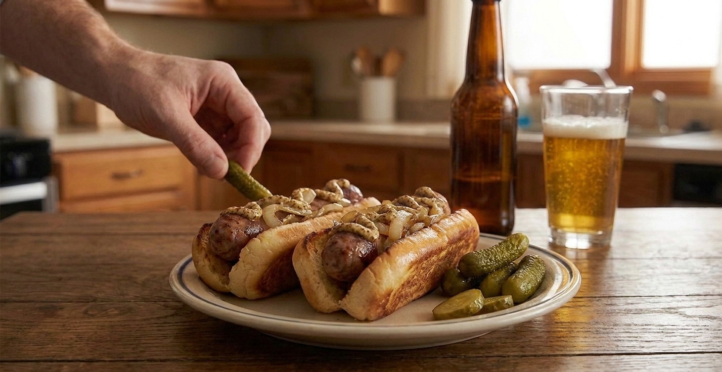 Beer brats in toasted buns topped with caramelized onions and mustard, served on a plate with pickles on the side