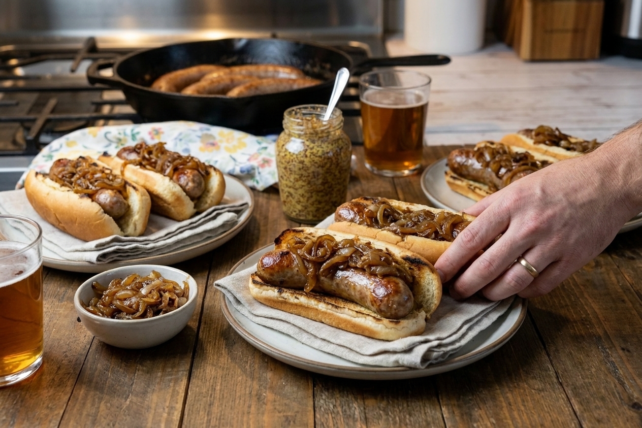 Beer bratwurst sausages served in toasted buns topped with caramelized onions on a simple dinner table setting