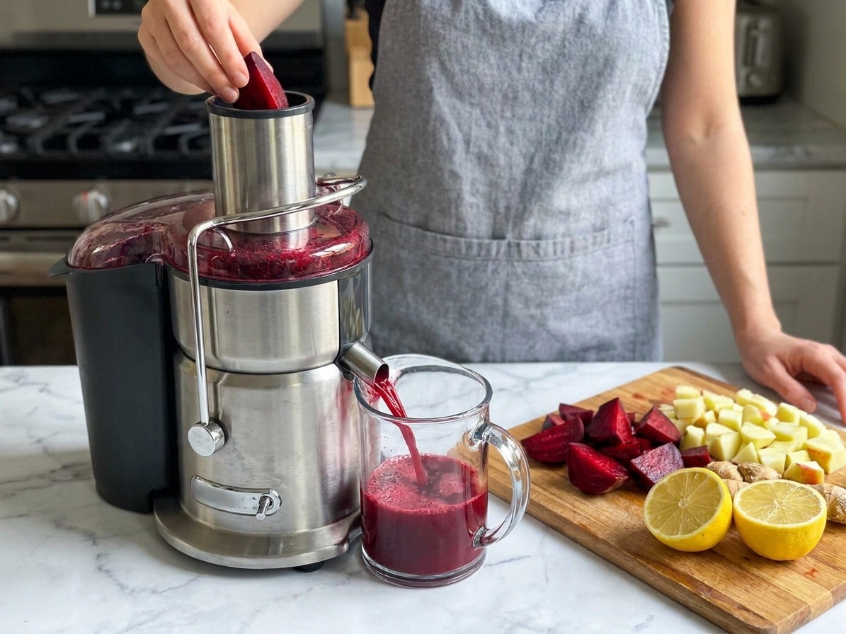 Beet wedges being fed into a countertop juicer on a bright kitchen counter, with a pitcher collecting deep red juice