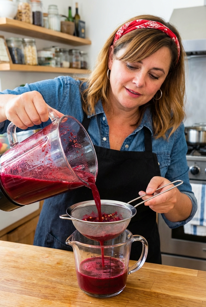 Beetroot juice being poured from a blender through a fine mesh strainer into a glass measuring jug