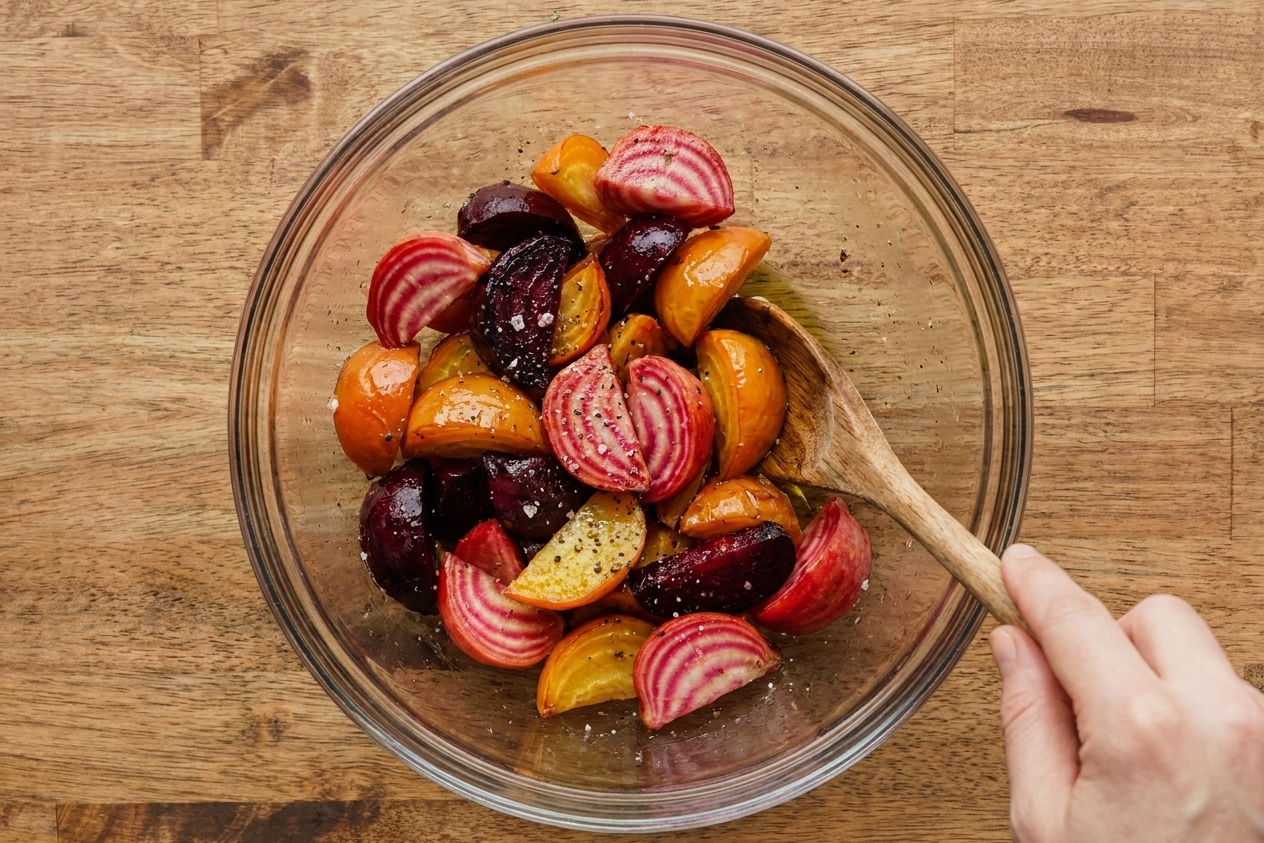Beetroot wedges in a mixing bowl being tossed with olive oil, salt, and pepper using a spoon