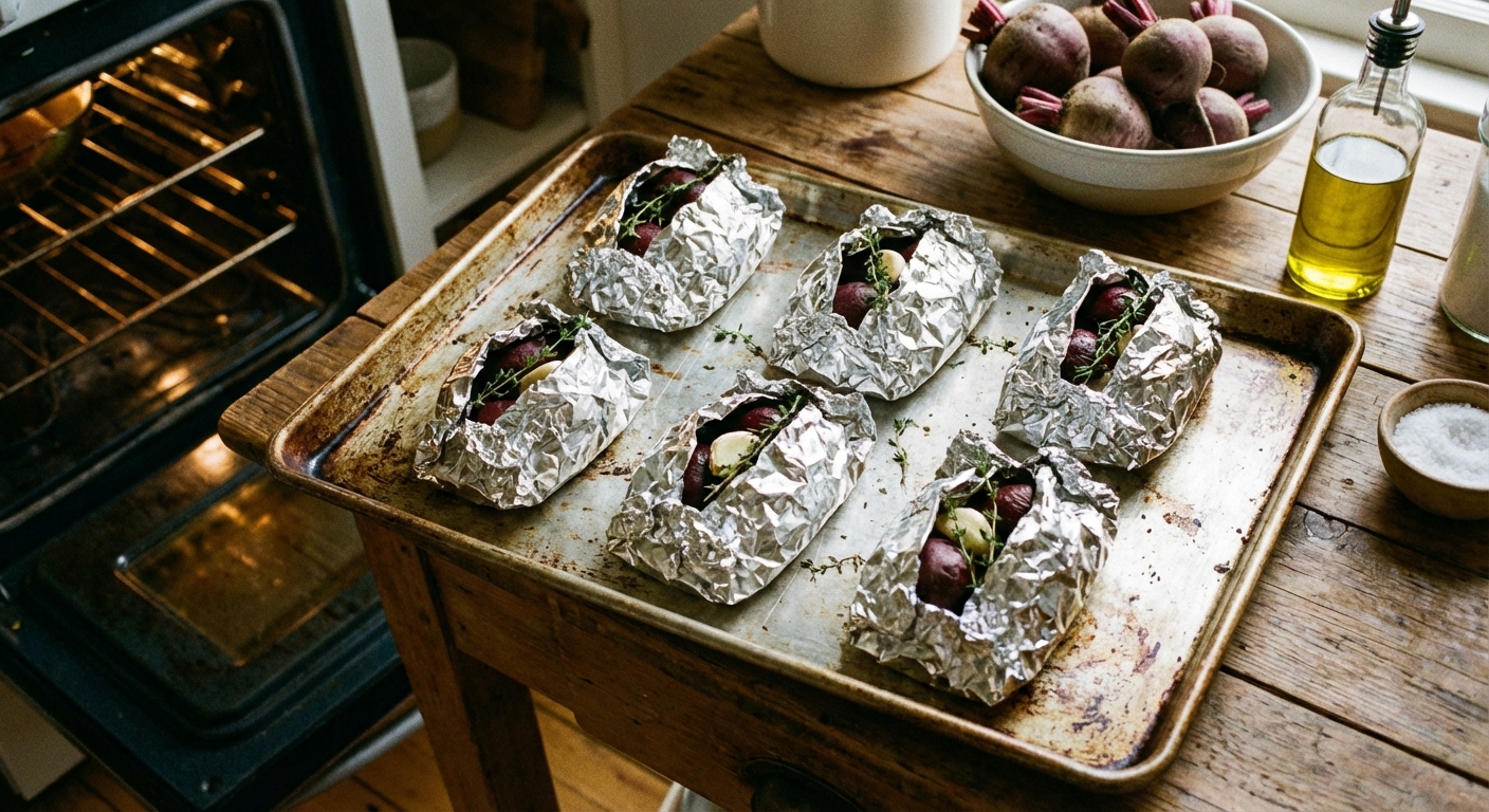 Beets wrapped in foil packets on a baking sheet before roasting in the oven