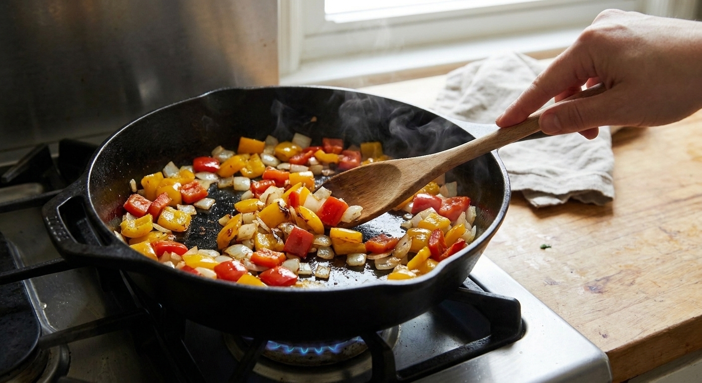 Bell pepper pieces and diced onion sautéing in a deep skillet on a stovetop, lightly browned at the edges