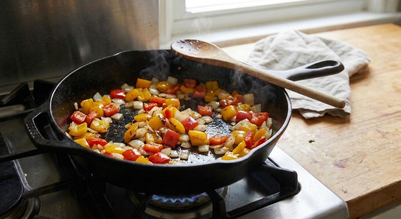 Bell pepper pieces and diced onions sautéing in a large skillet on a stovetop with a wooden spoon resting on the pan edge