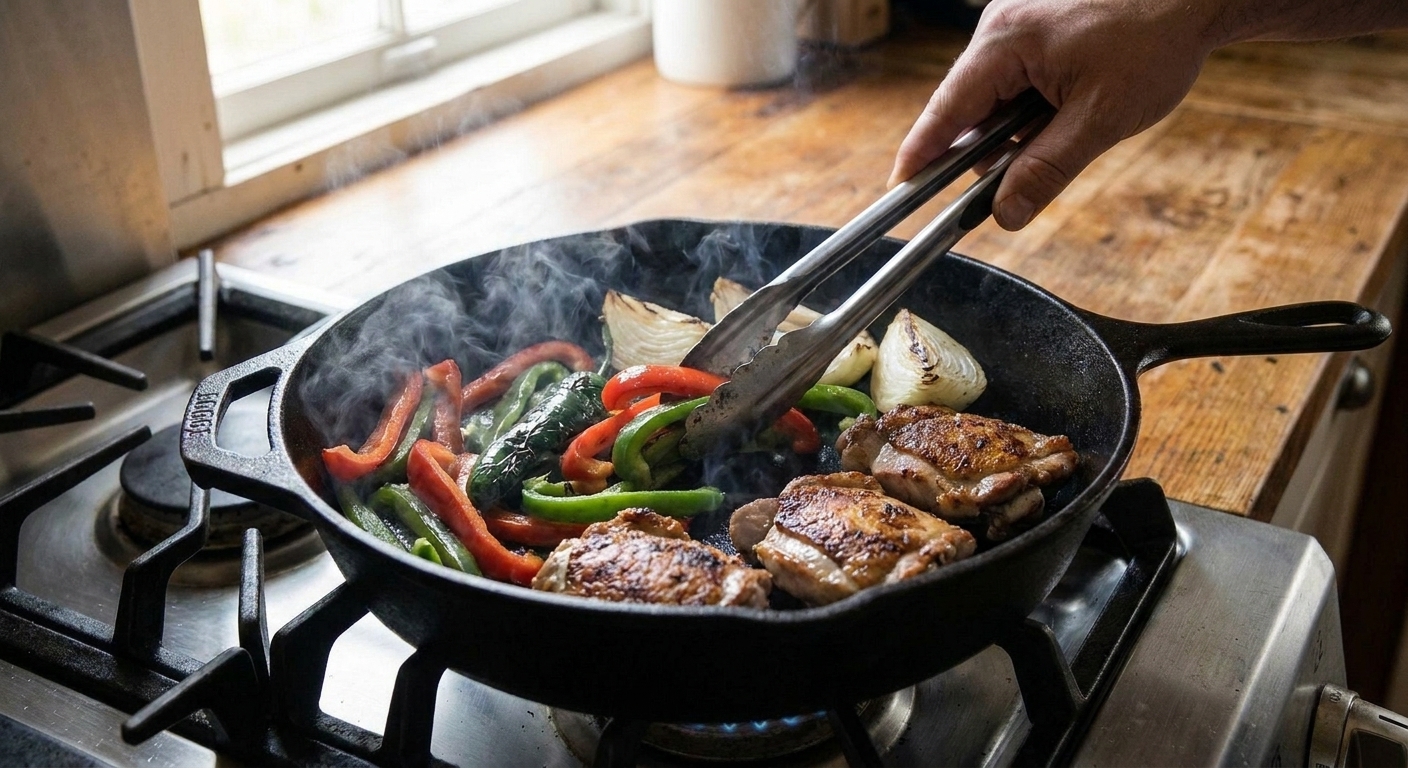 Bell pepper strips, poblano slices, and onions blistering in a cast iron skillet next to browned chicken