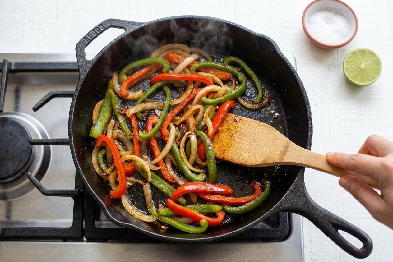 Bell peppers and onions cooking in a hot cast iron skillet with visible charred edges on a stovetop