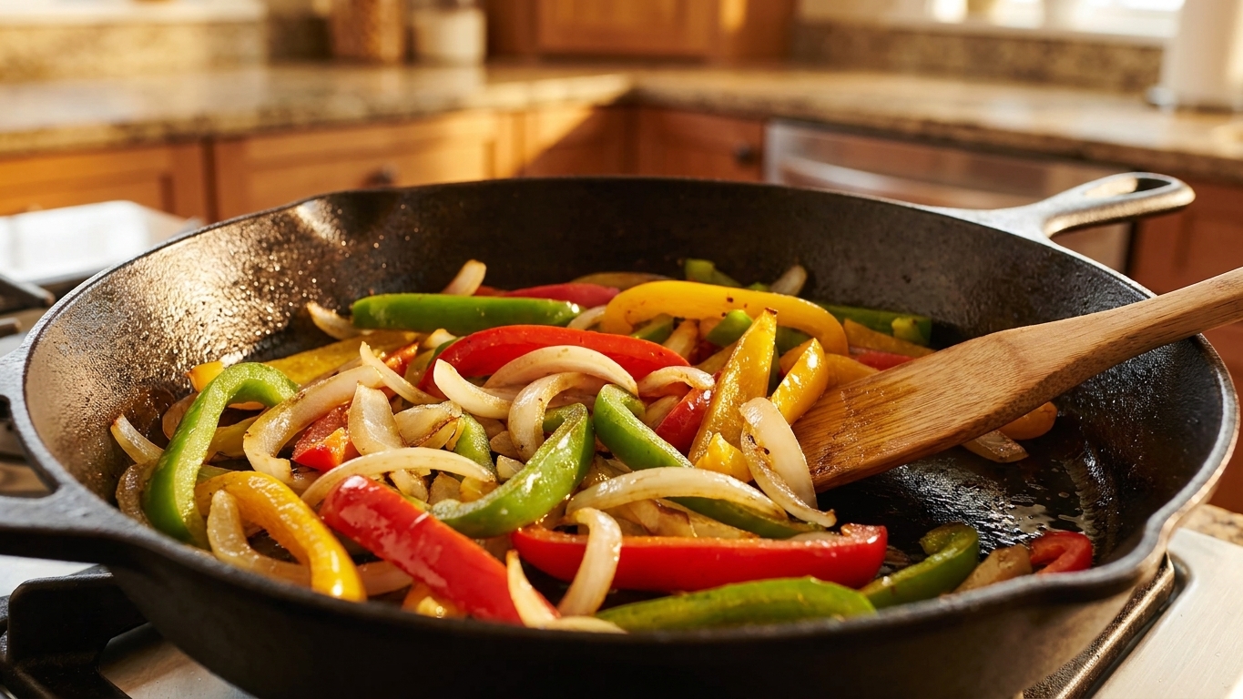 Bell peppers and sliced onions sautéing in a skillet, turning glossy and lightly browned in a warm kitchen