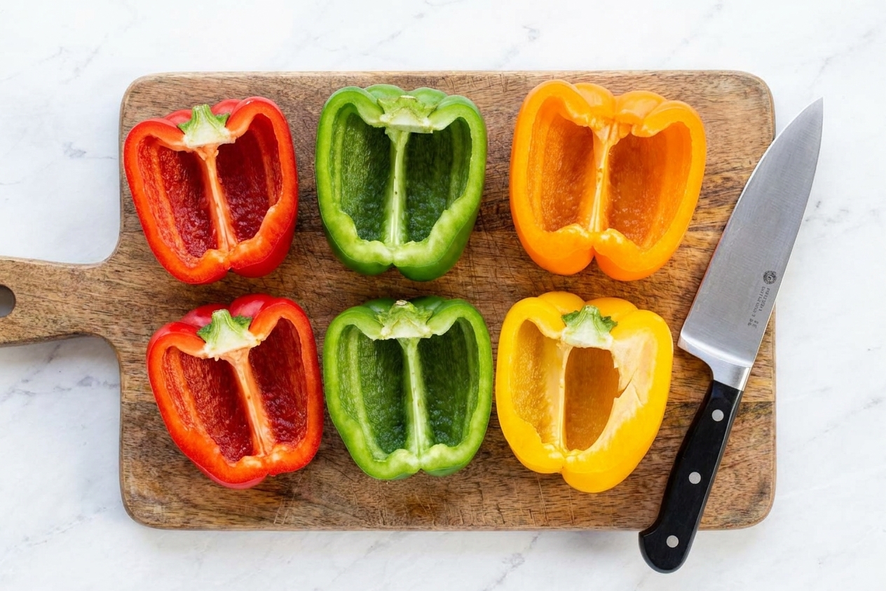 Bell peppers cut open and hollowed out with seeds removed, arranged on a wooden cutting board beside a knife in a home kitchen