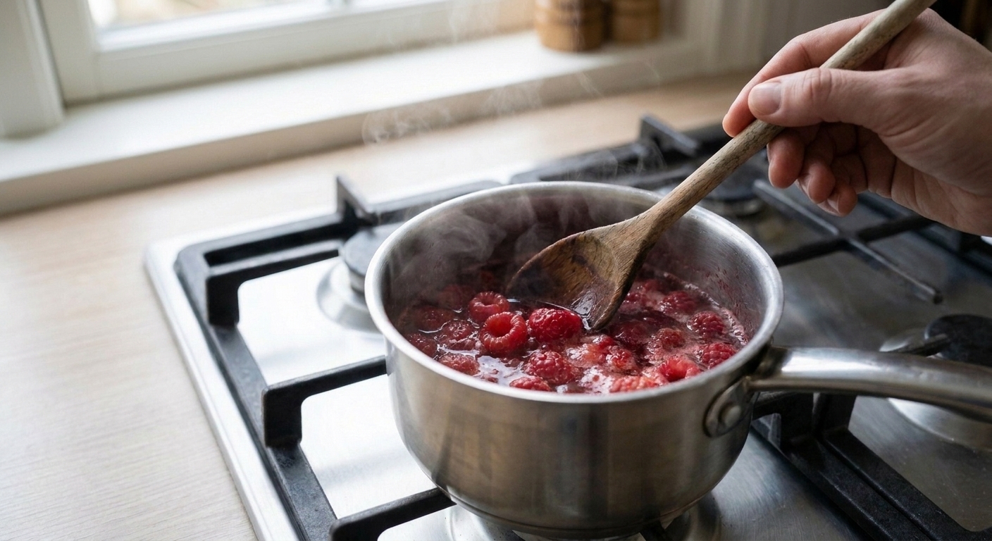 Berries simmering in a small saucepan with a spoon stirring, deep red liquid bubbling gently
