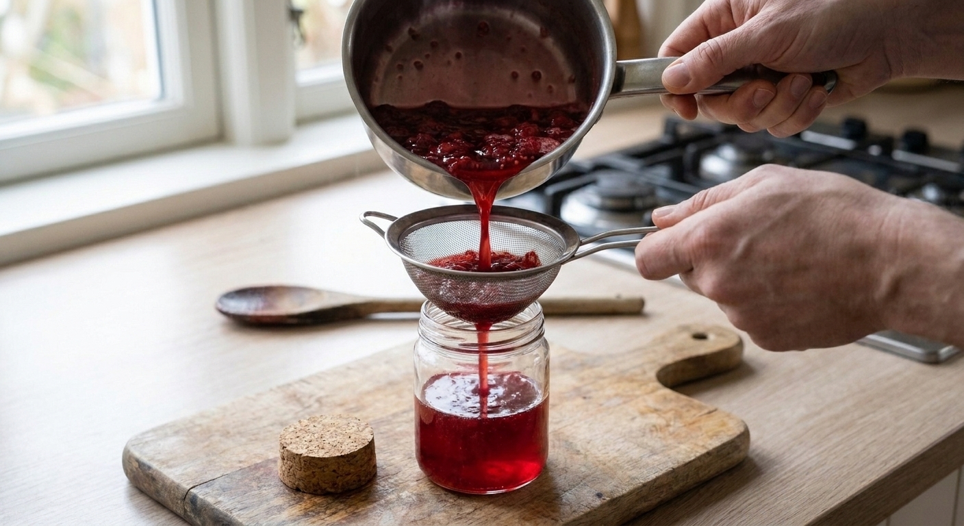 Berry syrup being poured through a fine-mesh strainer into a glass jar on a kitchen counter