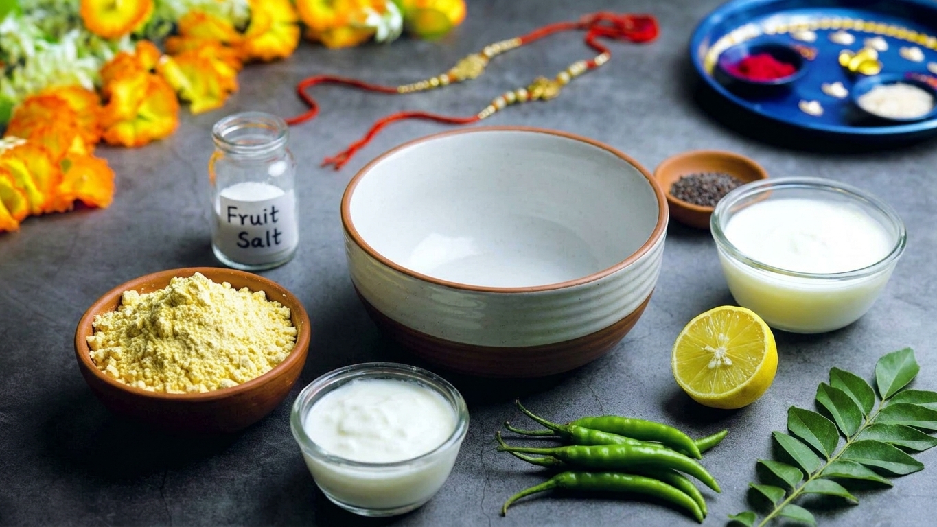 Besan, yogurt, lemon, green chiles, curry leaves, mustard seeds, and a small jar of fruit salt arranged on a bright kitchen counter with a mixing bowl