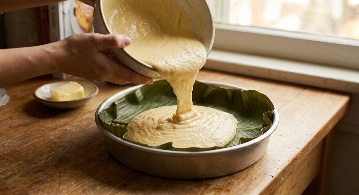 Bibingka batter being poured into a round pan lined with banana leaf on a kitchen counter