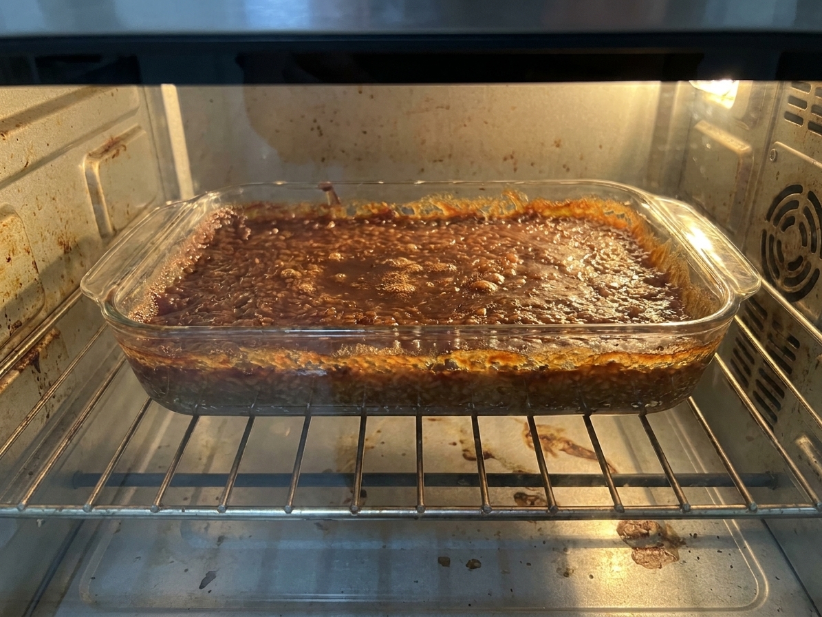 Biko baking in a rectangular glass baking dish on an oven rack, the surface starting to turn golden at the edges