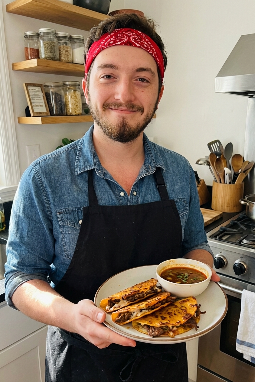 Birria tacos with consommé in a small bowl