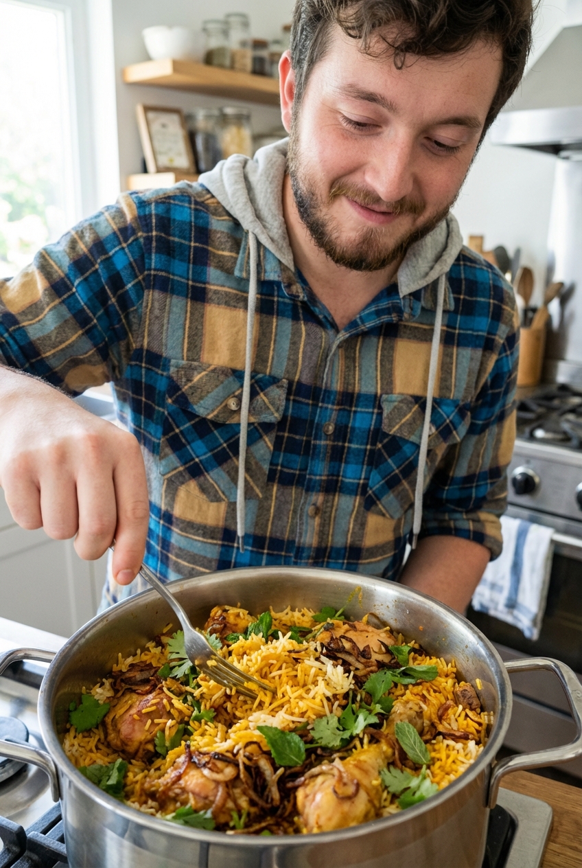 Biryani in a pot being fluffed with a fork, showing layers of chicken and herbs