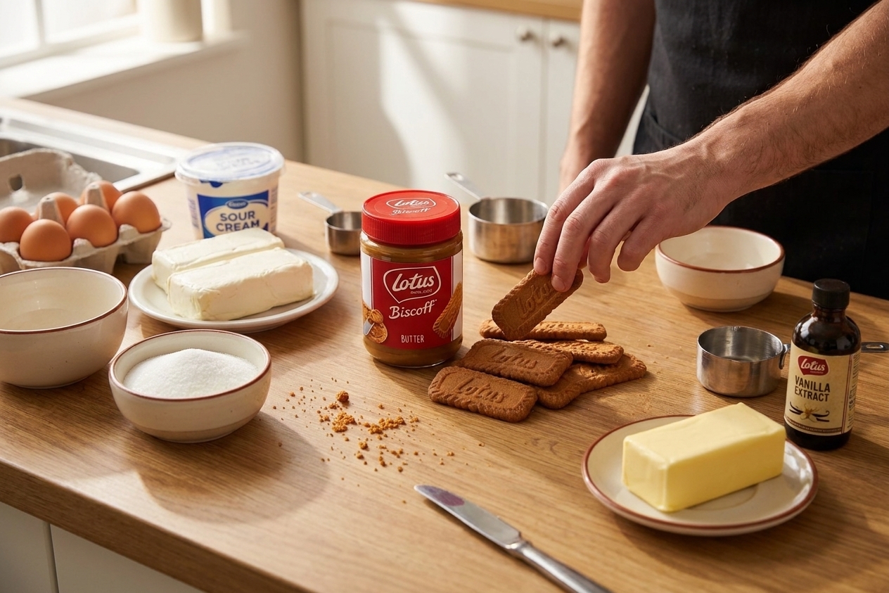 Biscoff cookies, a jar of cookie butter, cream cheese blocks, sour cream, eggs, sugar, butter, and vanilla arranged on a clean kitchen counter in warm natural light