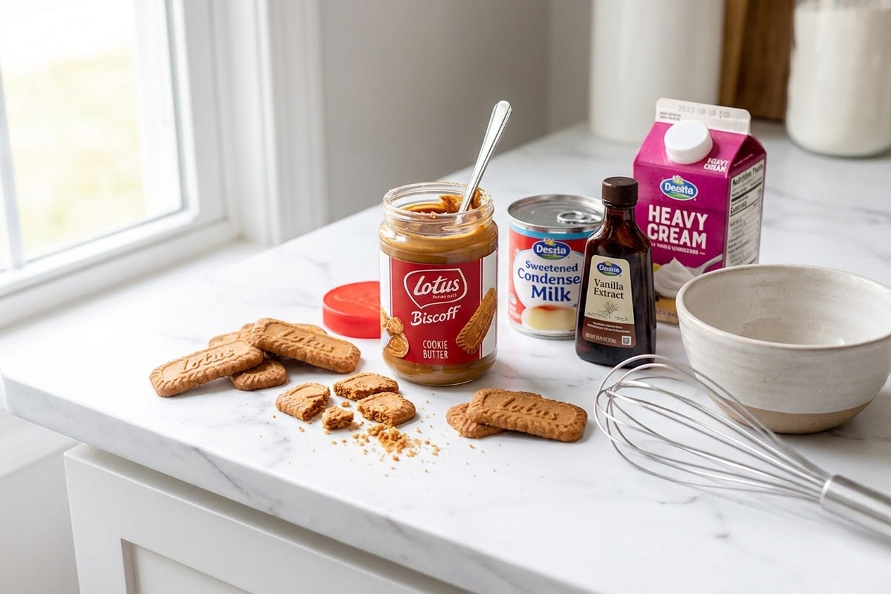 Biscoff cookies, a jar of cookie butter, sweetened condensed milk, vanilla, and heavy cream arranged on a clean kitchen counter with soft natural light