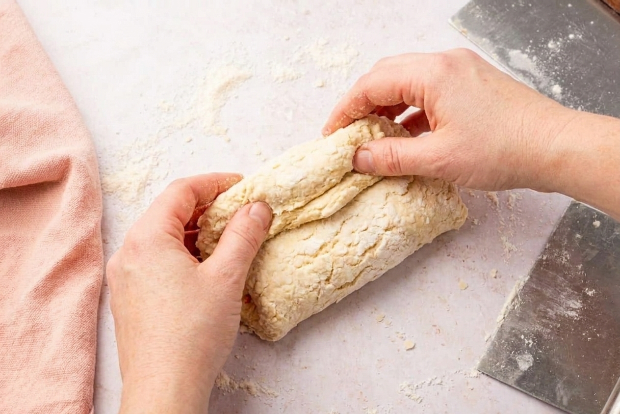 Biscuit dough being folded over itself on a lightly floured countertop to create flaky layers