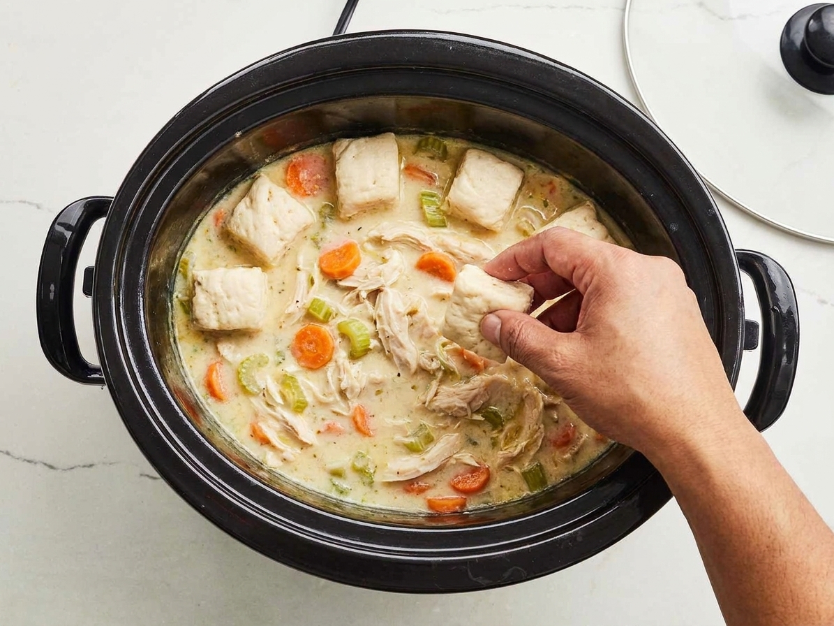 Biscuit dough pieces placed on top of creamy chicken stew inside a slow cooker before cooking