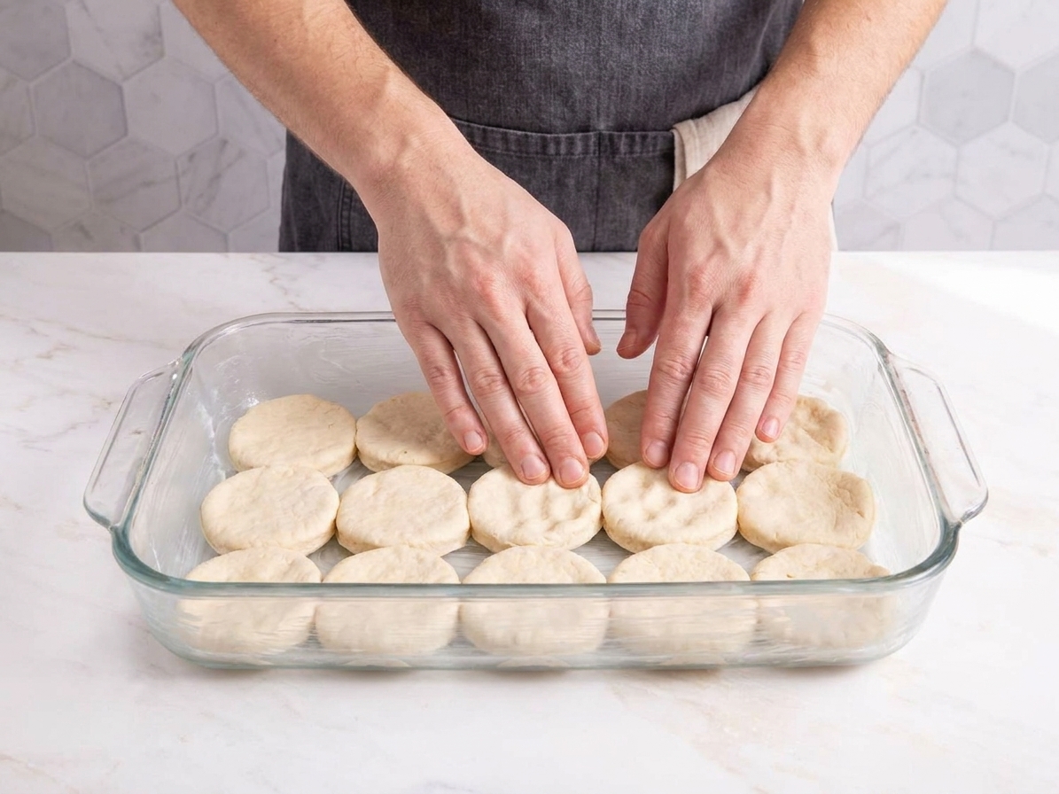 Biscuit dough rounds pressed into an even layer across the bottom of a greased glass 9x13 baking dish on a kitchen counter