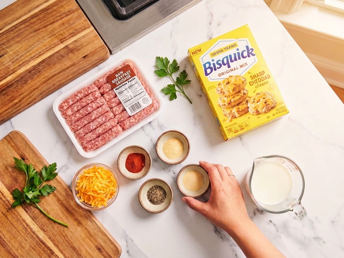 Bisquick baking mix, raw breakfast sausage, shredded cheddar, milk, and seasonings arranged on a clean kitchen counter with warm natural light