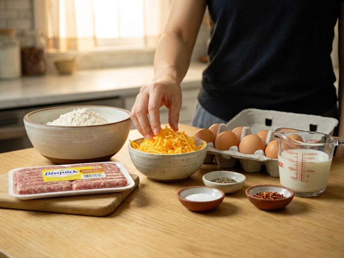 Bisquick baking mix, shredded sharp cheddar, raw breakfast sausage, eggs, milk, and seasonings arranged on a clean kitchen counter