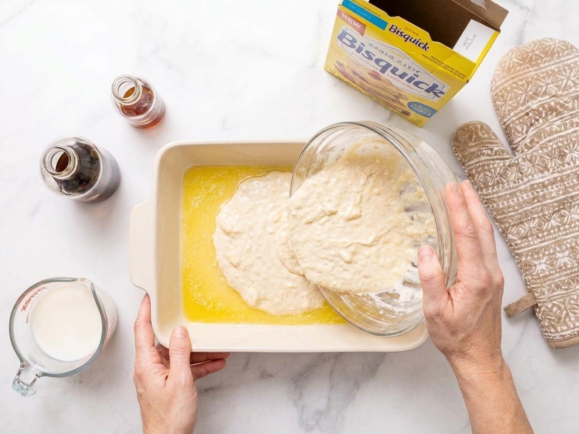 Bisquick batter being poured into a baking dish over melted butter before adding fruit