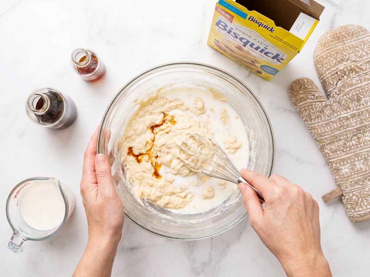 Bisquick batter being whisked in a glass bowl with milk and vanilla on a stone kitchen counter