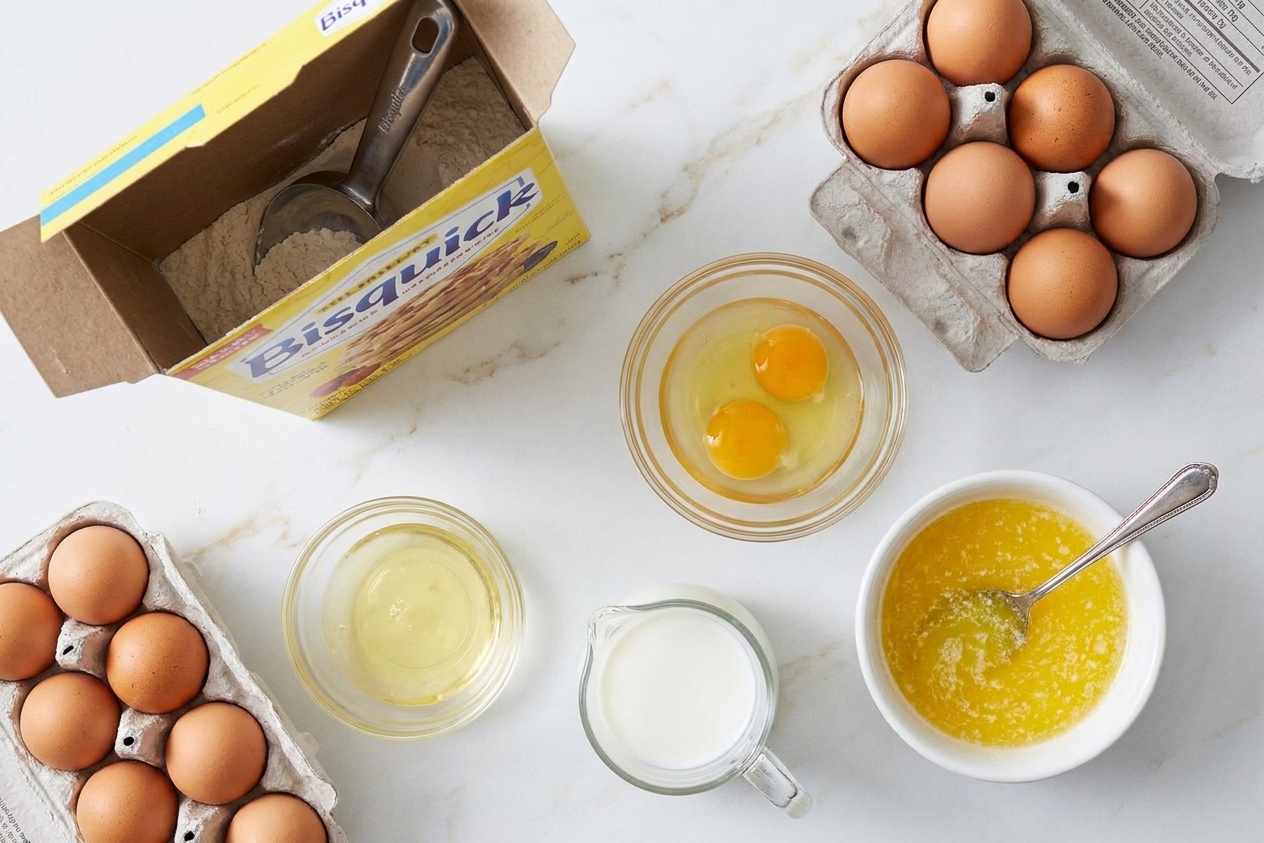 Bisquick mix, eggs, a small pitcher of milk, and a bowl of melted butter arranged on a kitchen counter
