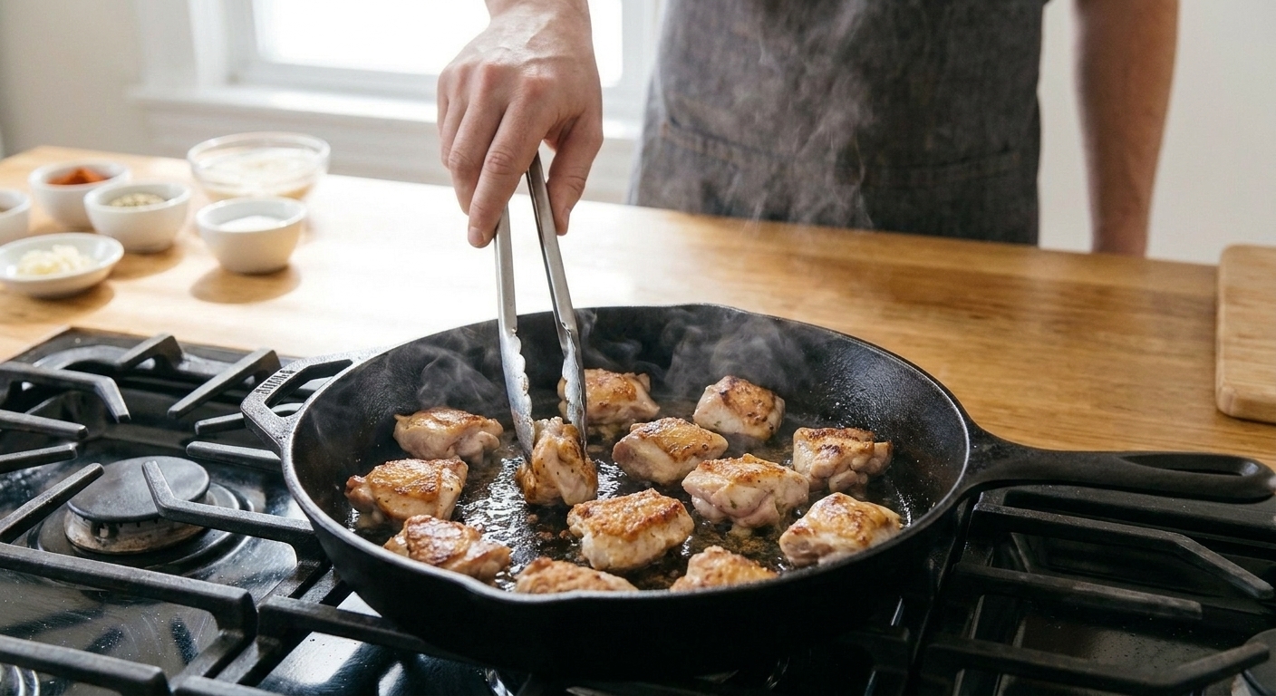 Bite-size chicken pieces browning in a hot skillet on a stovetop with visible golden edges