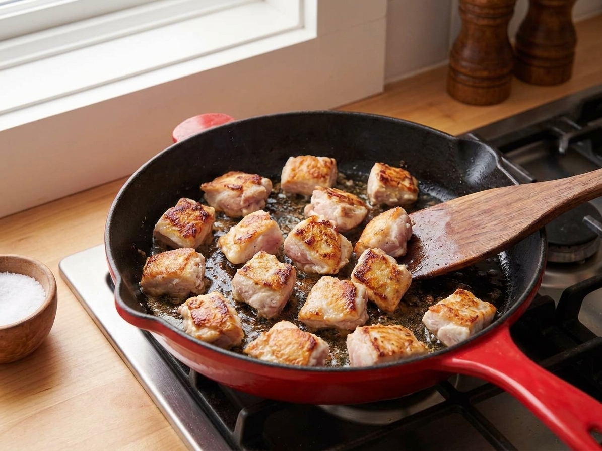 Bite-size chicken pieces browning in a large skillet on a stovetop with crisp golden edges