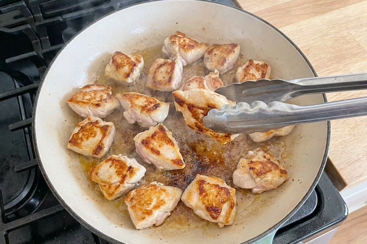 Bite-size chicken pieces searing in a hot skillet with browned edges forming