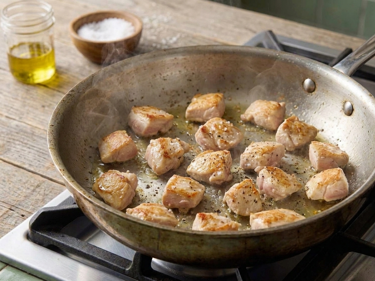 Bite-size chicken pieces searing in a large skillet with golden brown edges and a light sheen of oil
