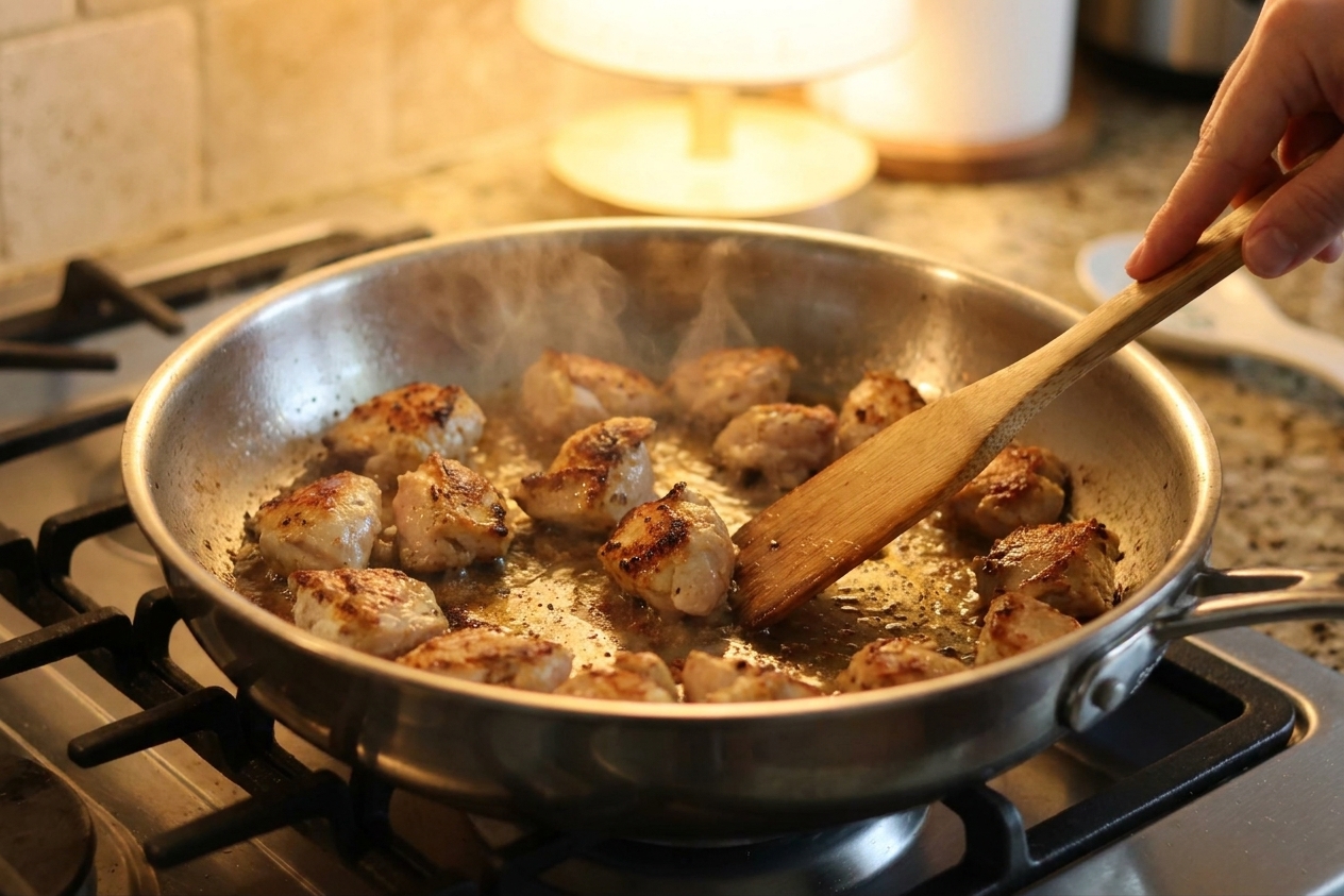 Bite-size chicken pieces searing in a stainless steel skillet with browned edges on a stovetop under warm kitchen light