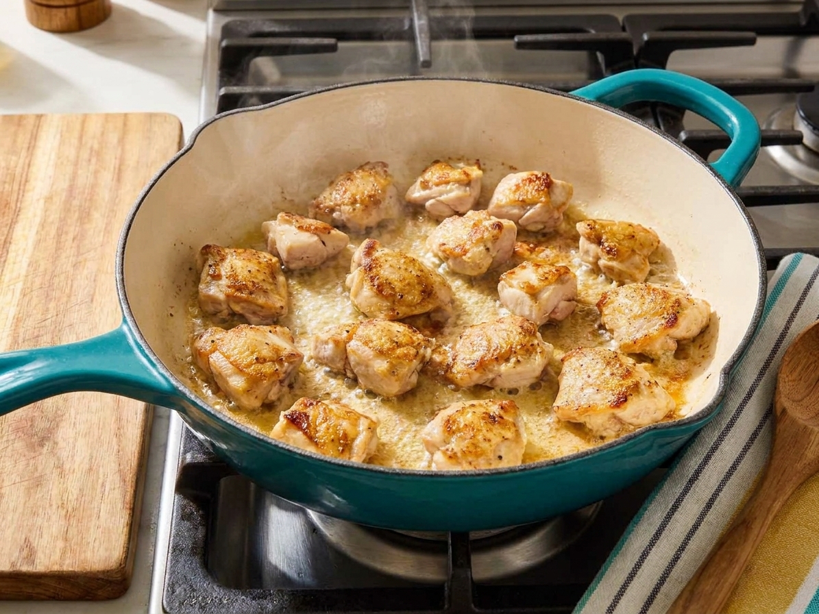 Bite-size pieces of chicken browning in a deep skillet with butter, showing golden crisp edges on a stovetop