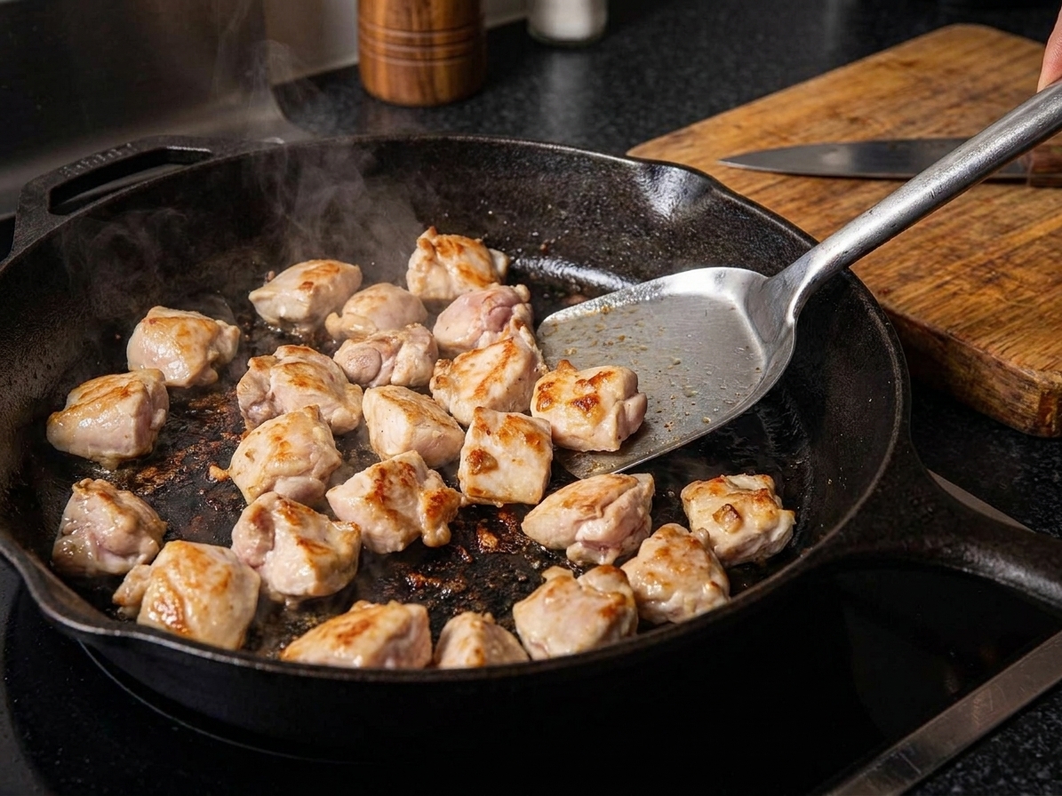 Bite-size pieces of chicken browning in a hot skillet with light golden edges