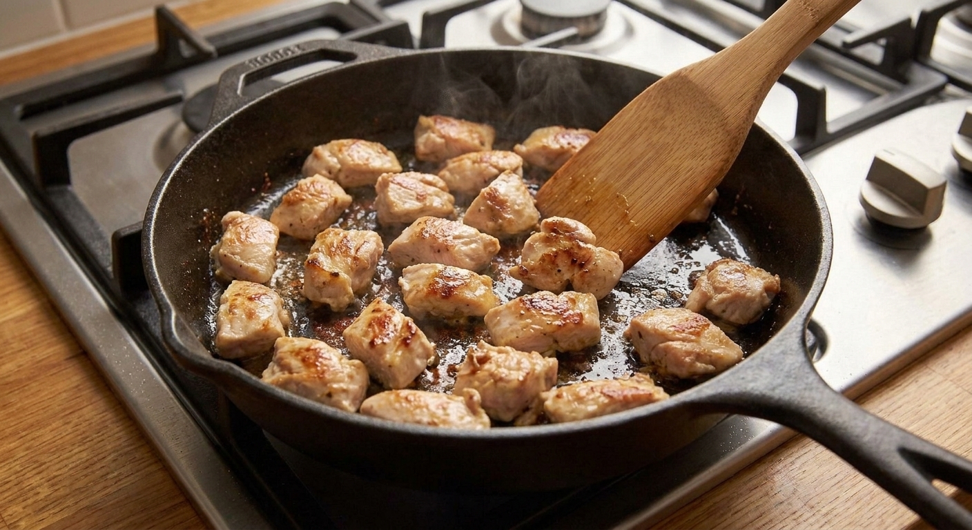 Bite-size pieces of chicken browning in a large skillet on a stovetop