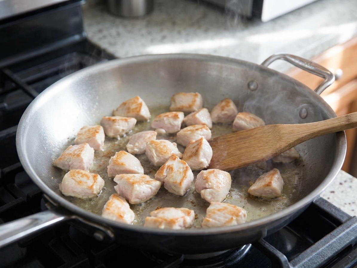 Bite-size pieces of chicken browning in a wide skillet with lightly golden edges
