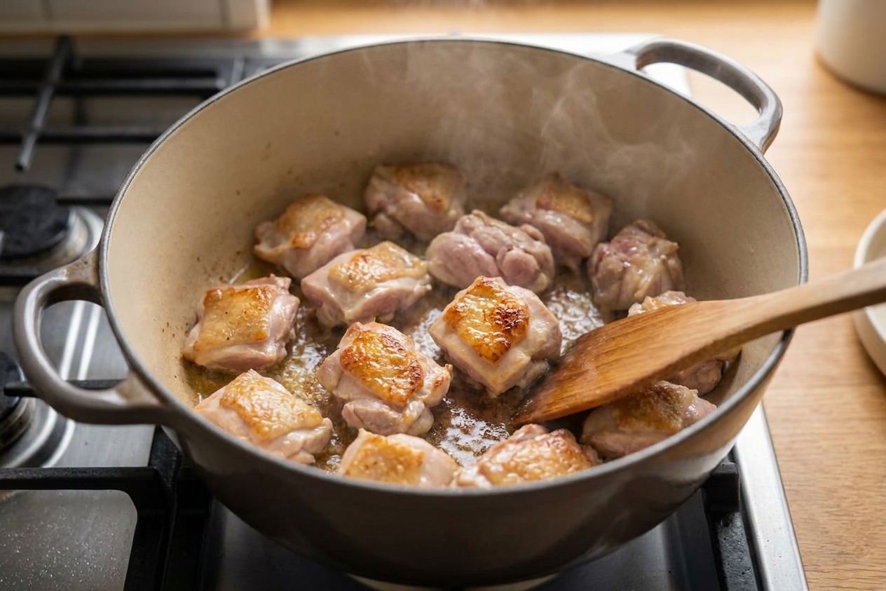 Bite-size pieces of chicken thighs browning in a Dutch oven on a stovetop with golden edges forming