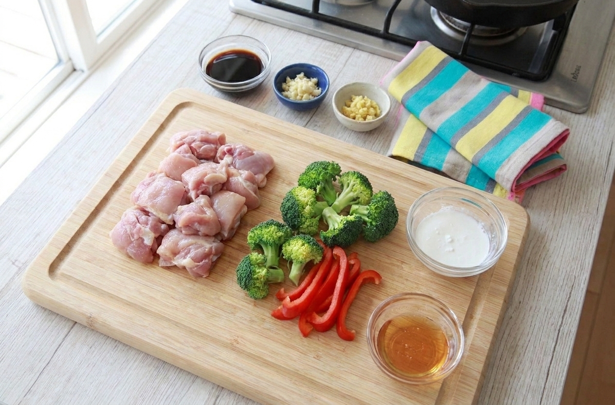 Bite-size pieces of raw chicken, broccoli florets, and sliced red bell pepper prepped on a cutting board beside small bowls of sauce ingredients