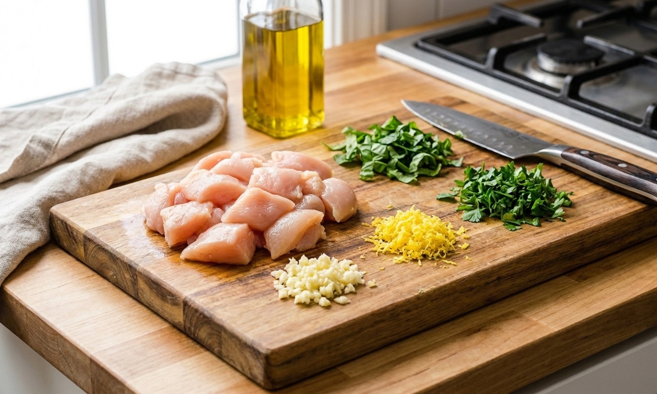 Bite-size pieces of raw chicken on a cutting board with minced garlic, lemon zest, and chopped herbs nearby